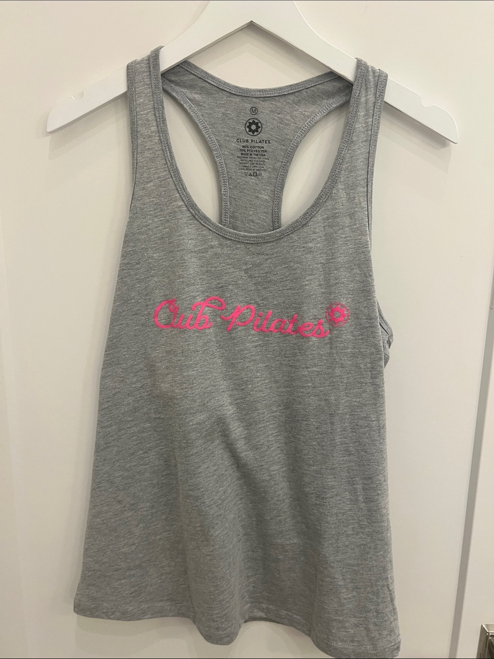 Women's Gray Racerback Tank with Pink Logo